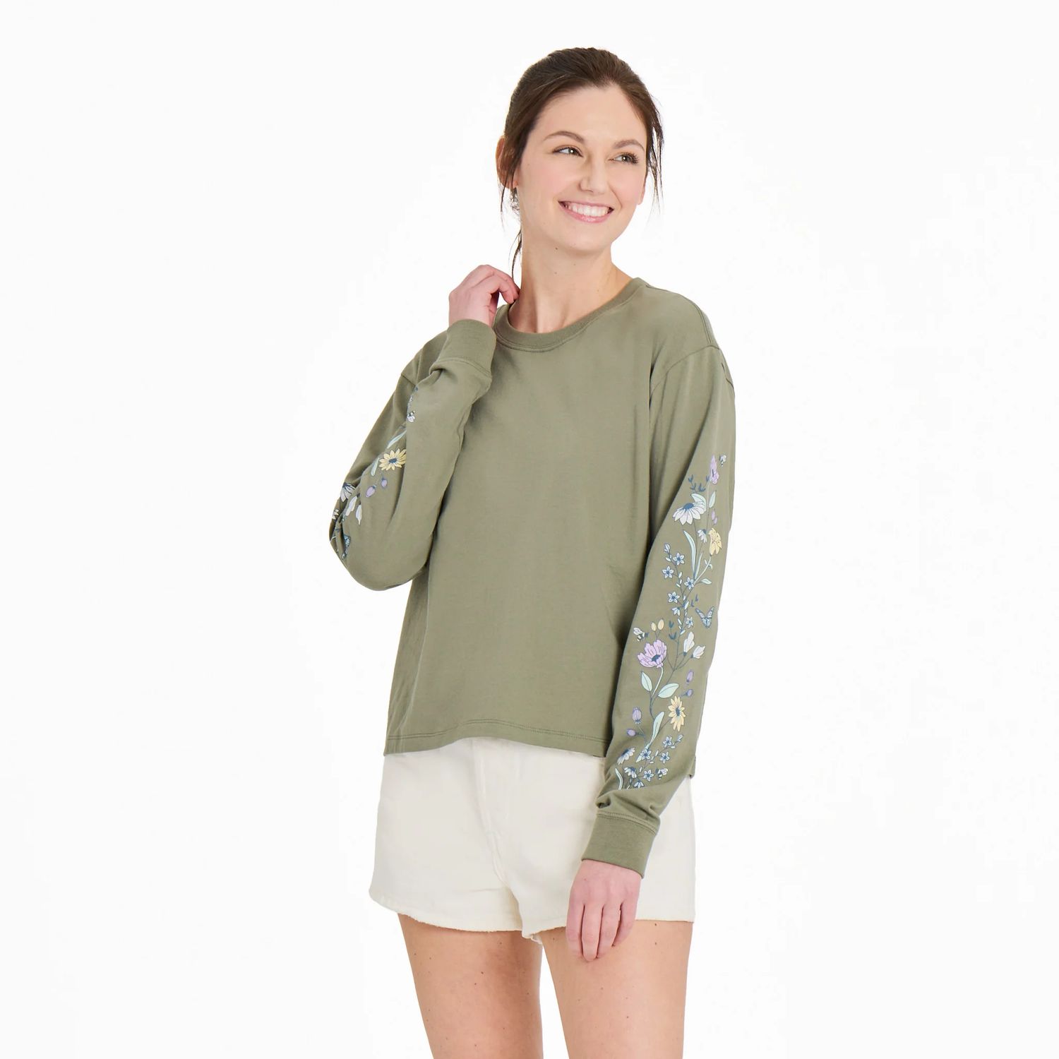 Women&#39;s Wildflowers And Bees Long Sleeve Boxy Tee Shirt, Color: Moss Green, Size: XS