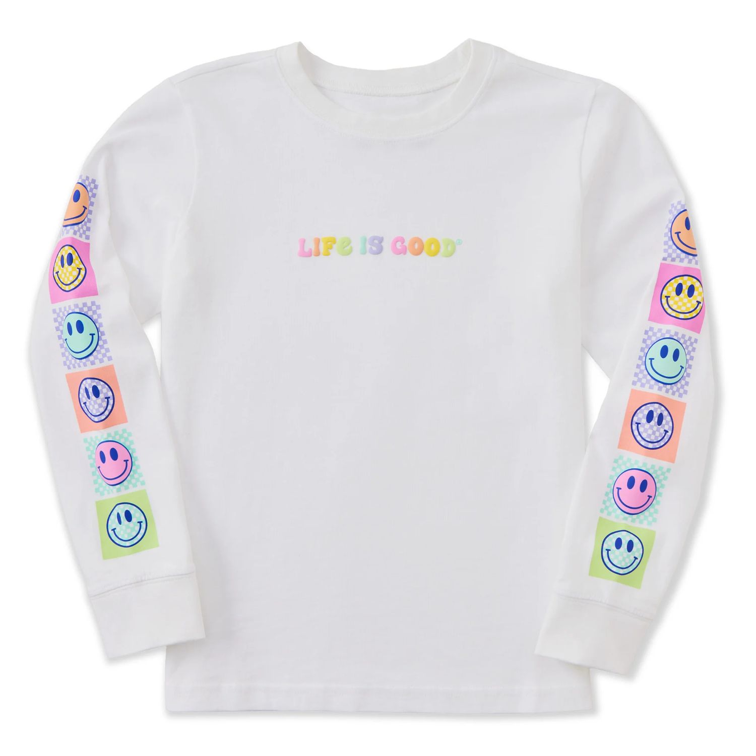 Kids Checkered Smiles Long Sleeve Tee Shirt, Color: Cloud White, Size: XS
