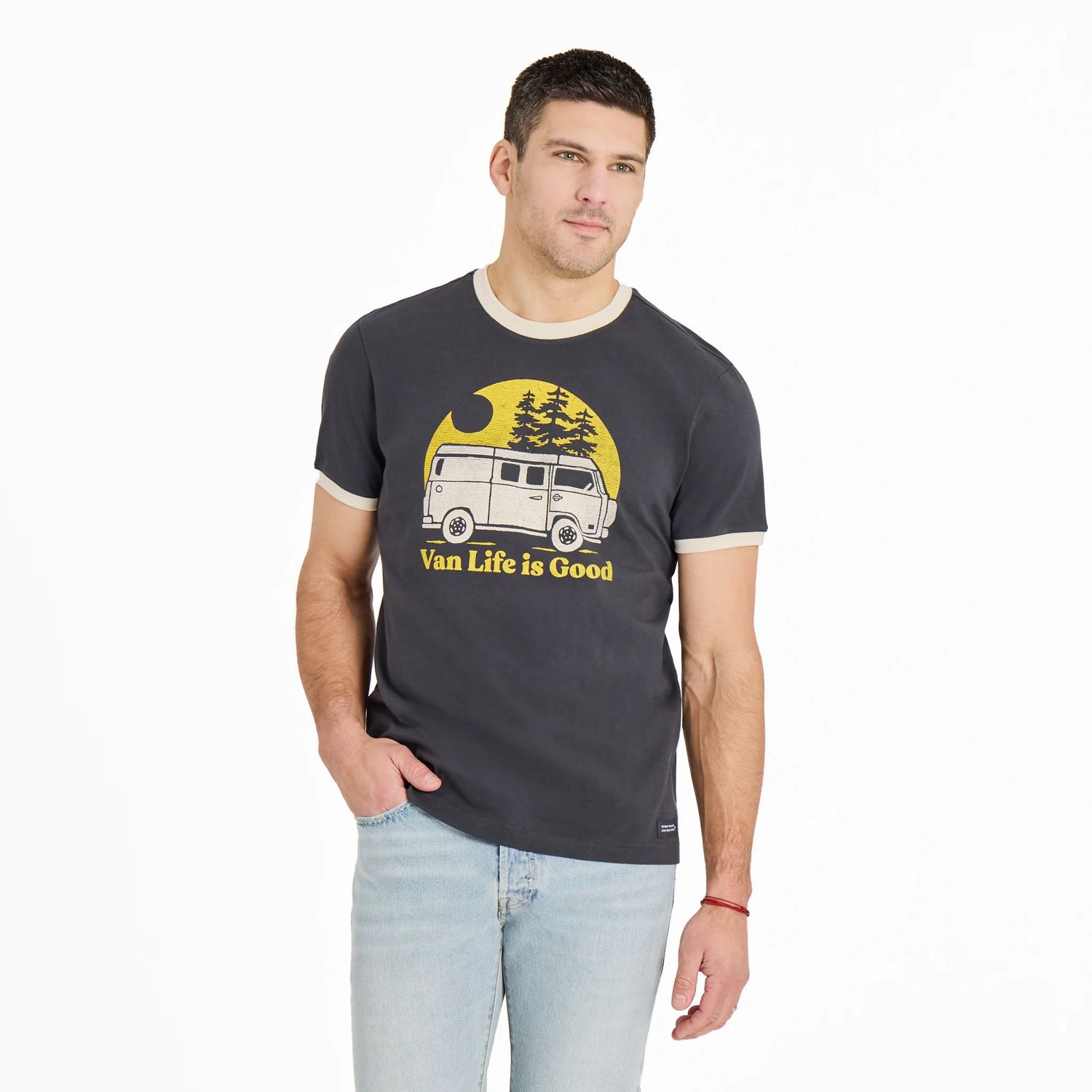 Men&#39;s Van Life Is Good Short Sleeve Tee Shirt, Color: Faded Black, Size: Small