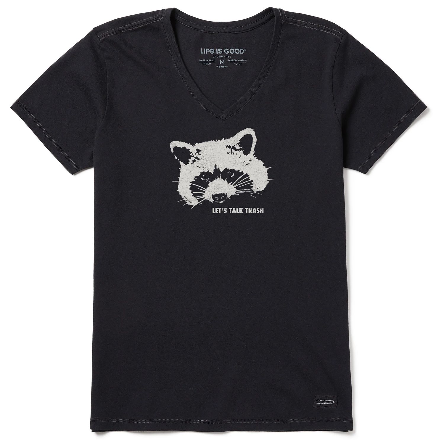 Women&#39;s Raccoon Short Sleeve Crusher Vee Neck Tee Shirt, Color: Faded Black, Size: Medium