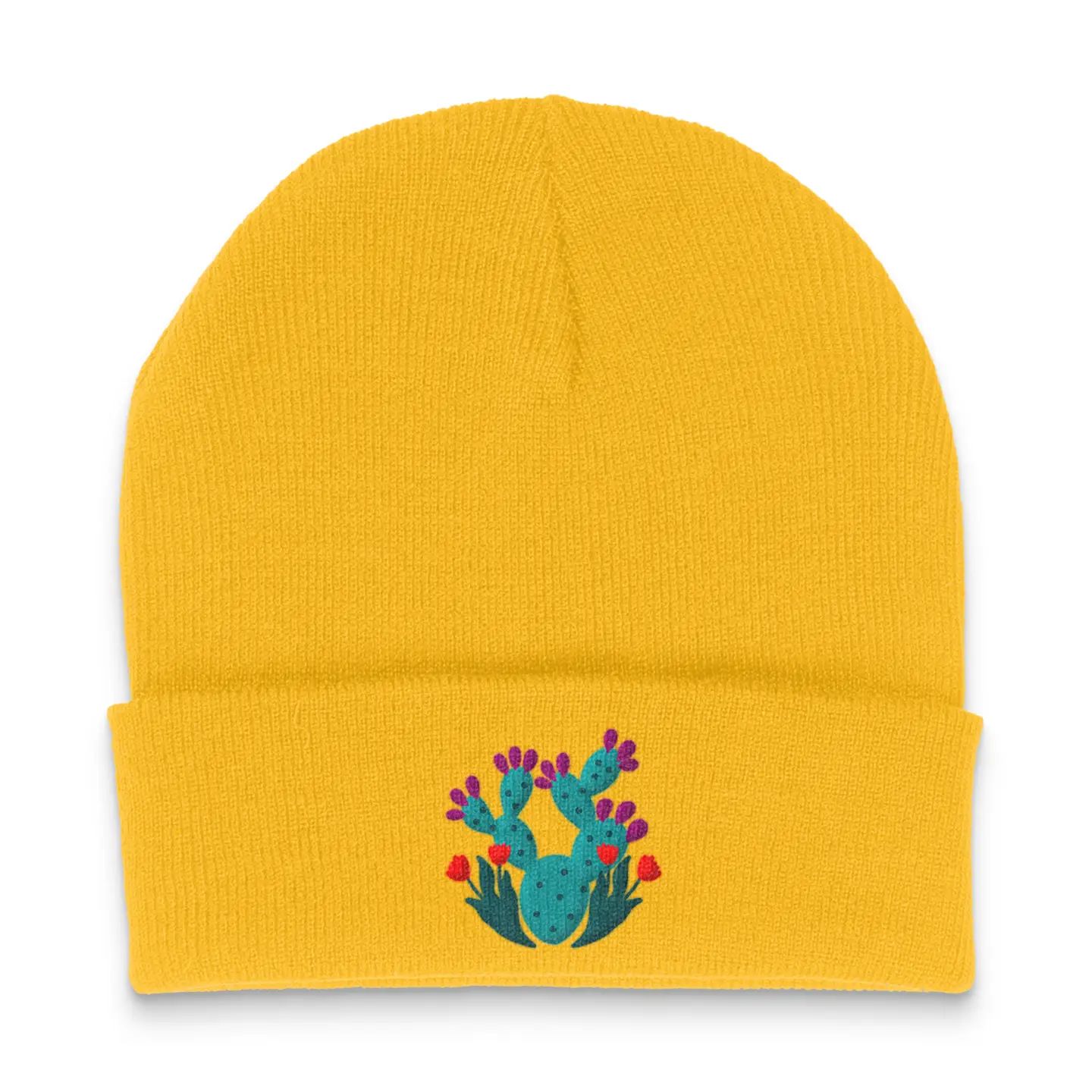 Embroidered Beanie, Prickly Pear Gold
