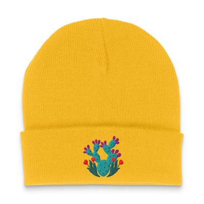 Embroidered Beanie, Prickly Pear Gold