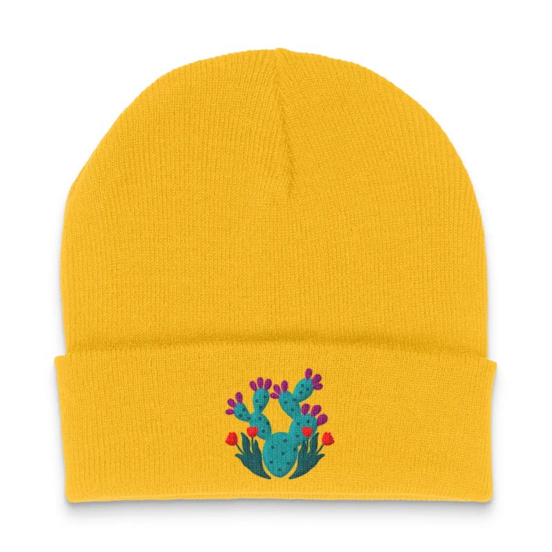 Embroidered Beanie, Prickly Pear Gold