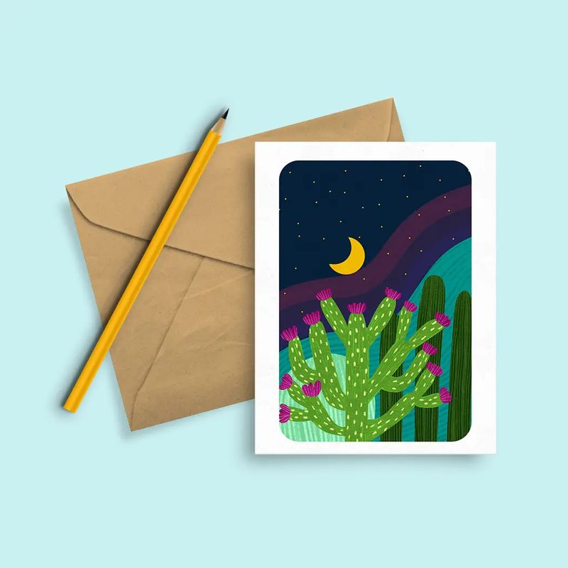 Greeting Card, Desert Night Moon &amp; Cactus