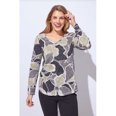 Decoupage Floral Cotton Slub Laid Back V-Neck Tee