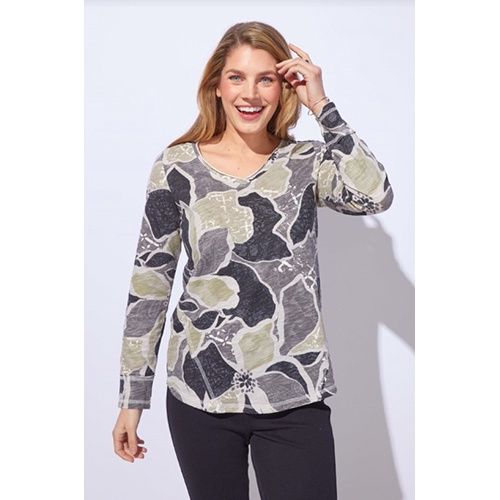 Decoupage Floral Cotton Slub Laid Back V-Neck Tee, Color: Fog, Size: Small