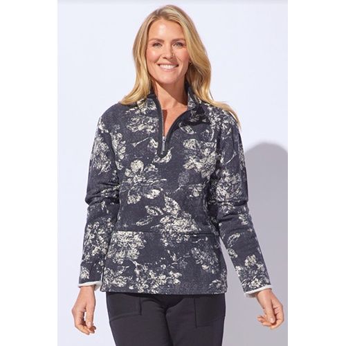 Crinkle Floral Fleece Quarter Zip Pullover, Color: Black, Size: XS