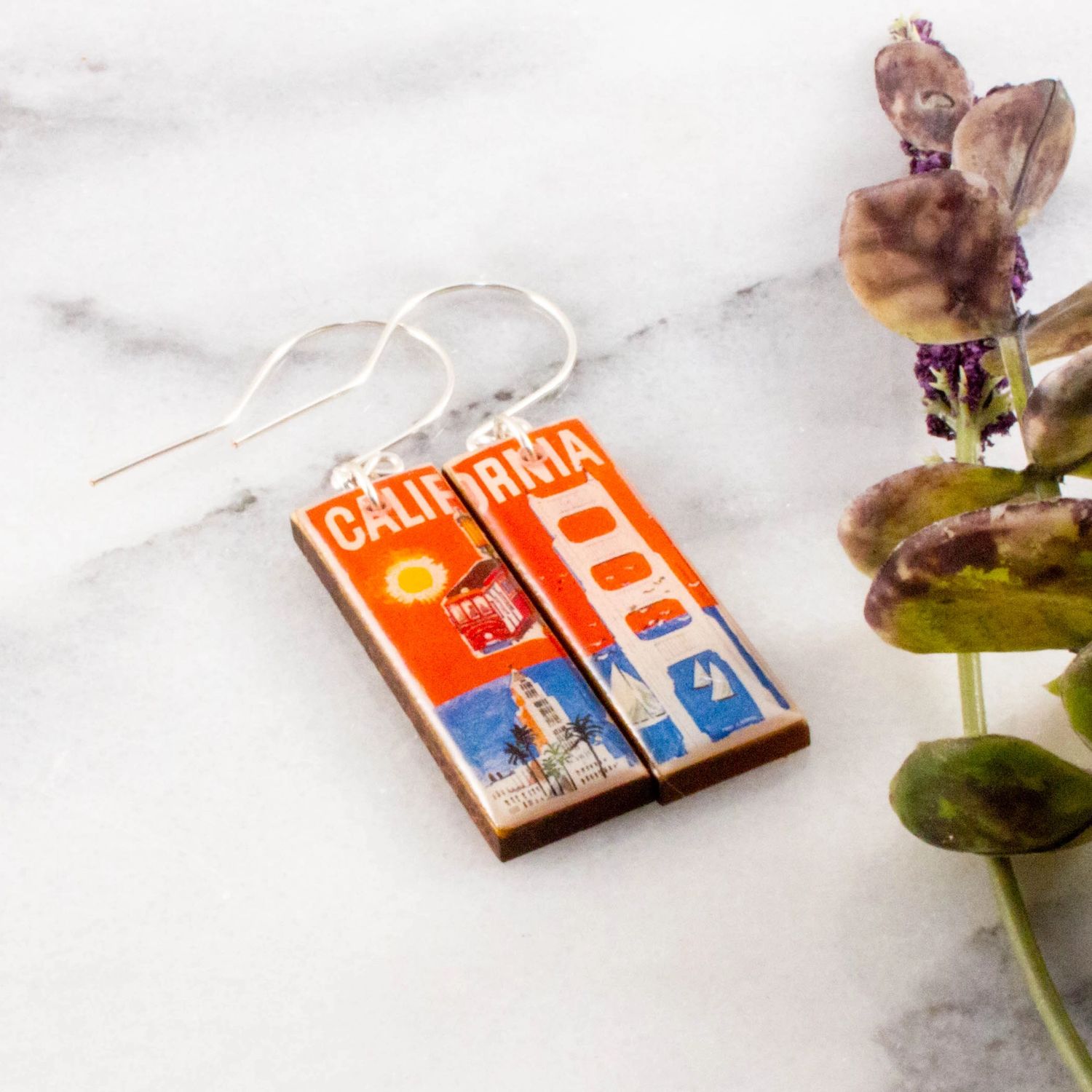 Vintage Vibrant California Travel Poster Earrings, Color: Silver