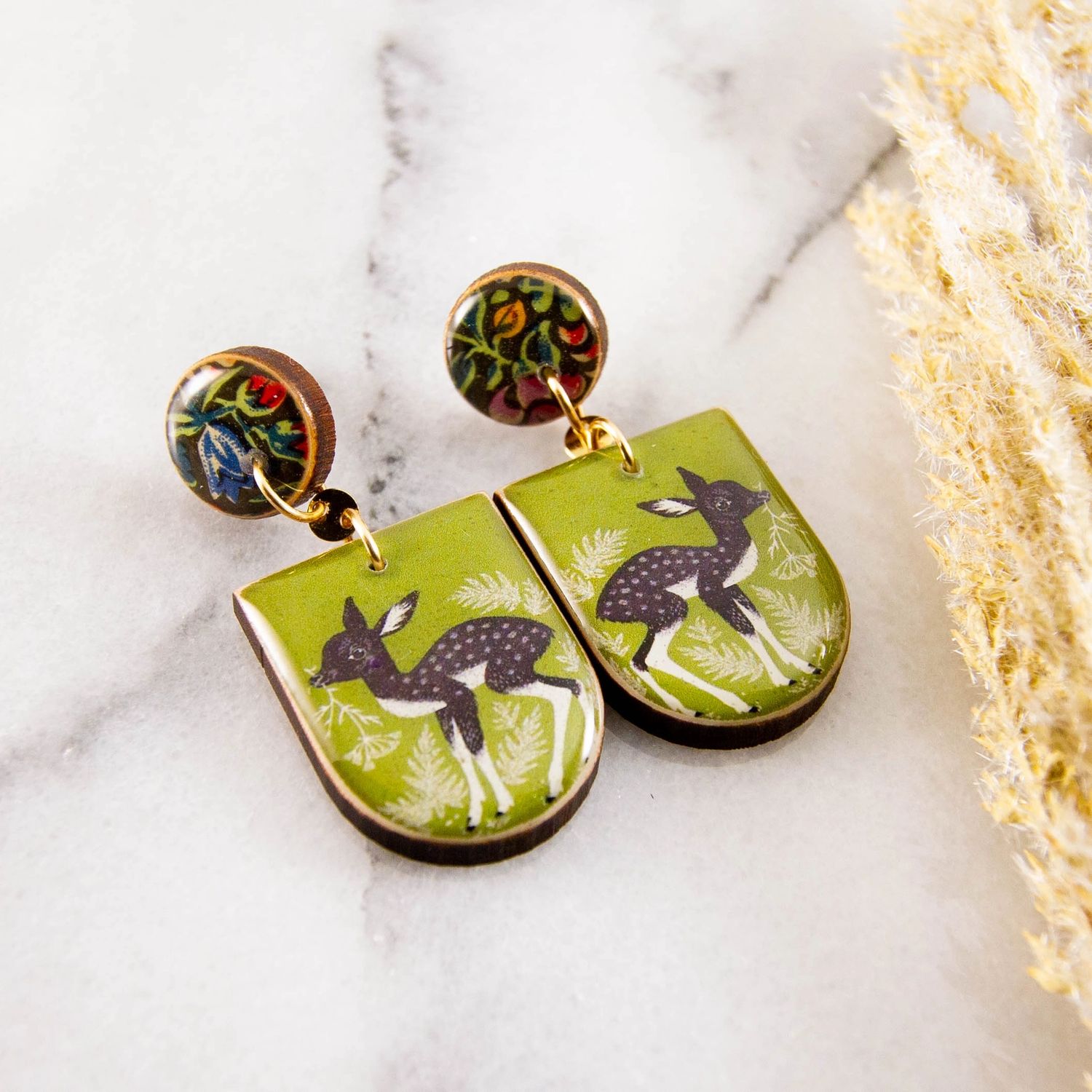 Vintage Forest Deer Drop Post Earrings, Color: Gold