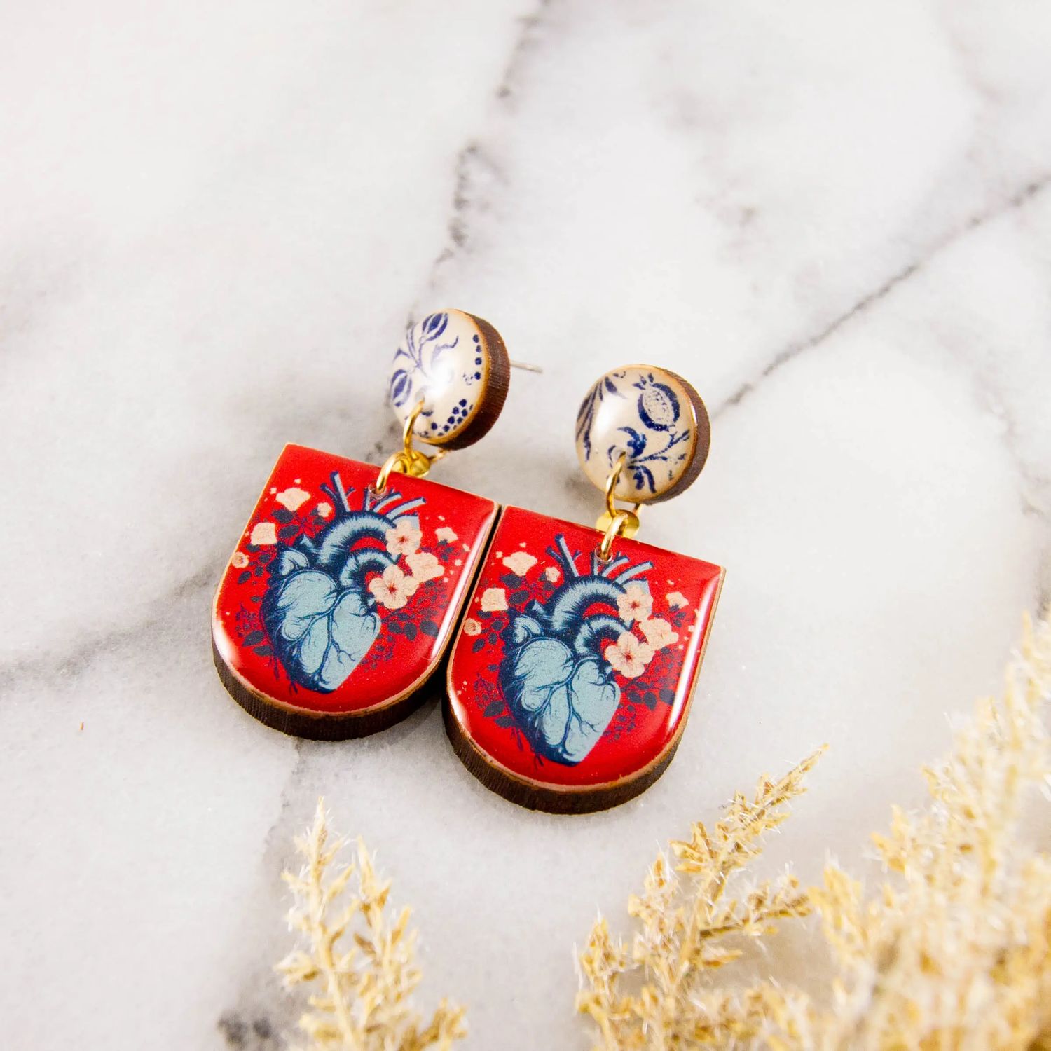 Vintage Anatomical Heart Floral Drop Post Earrings, Color: Gold