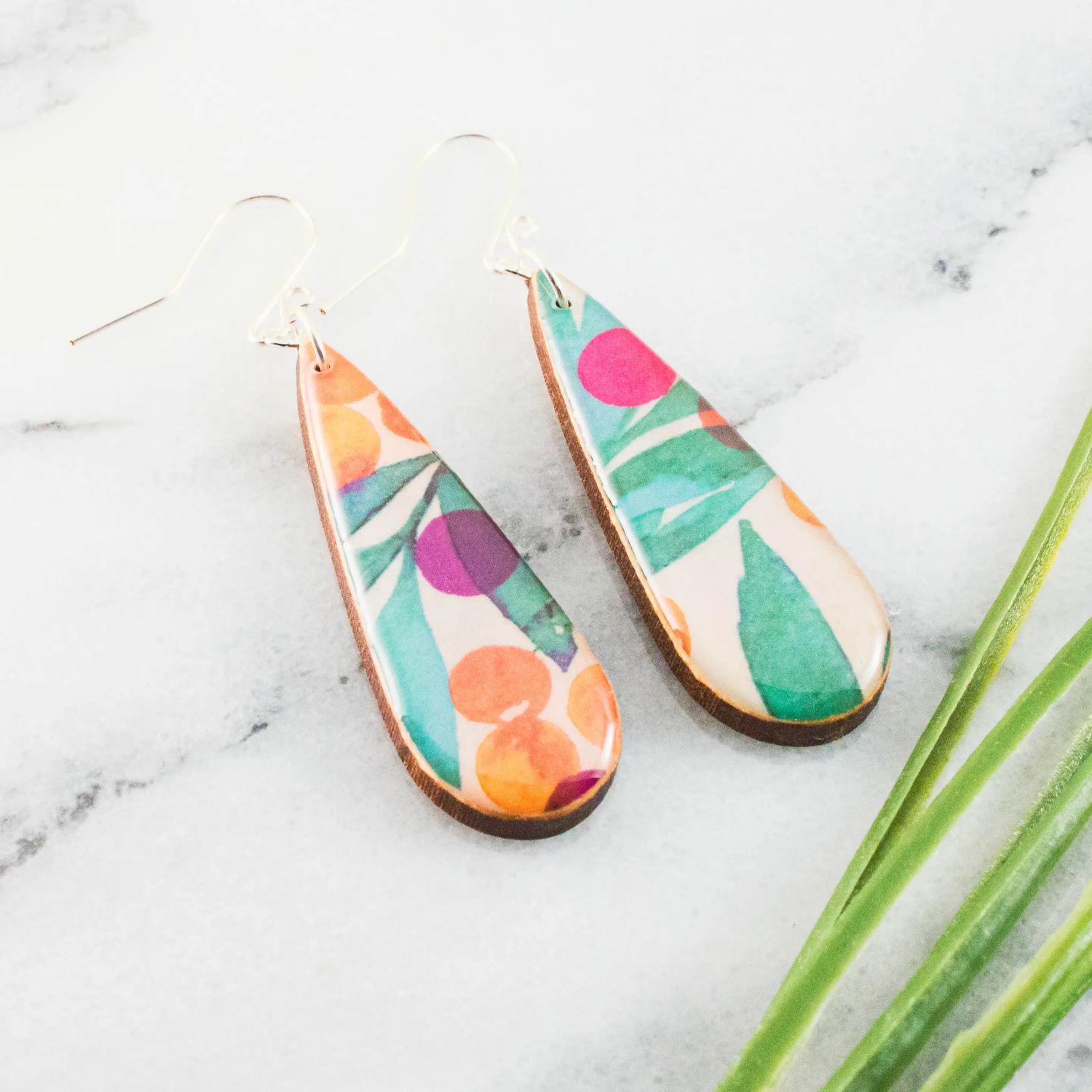 Teardrop Modern Watercolor Floral Earrings, Color: Silver