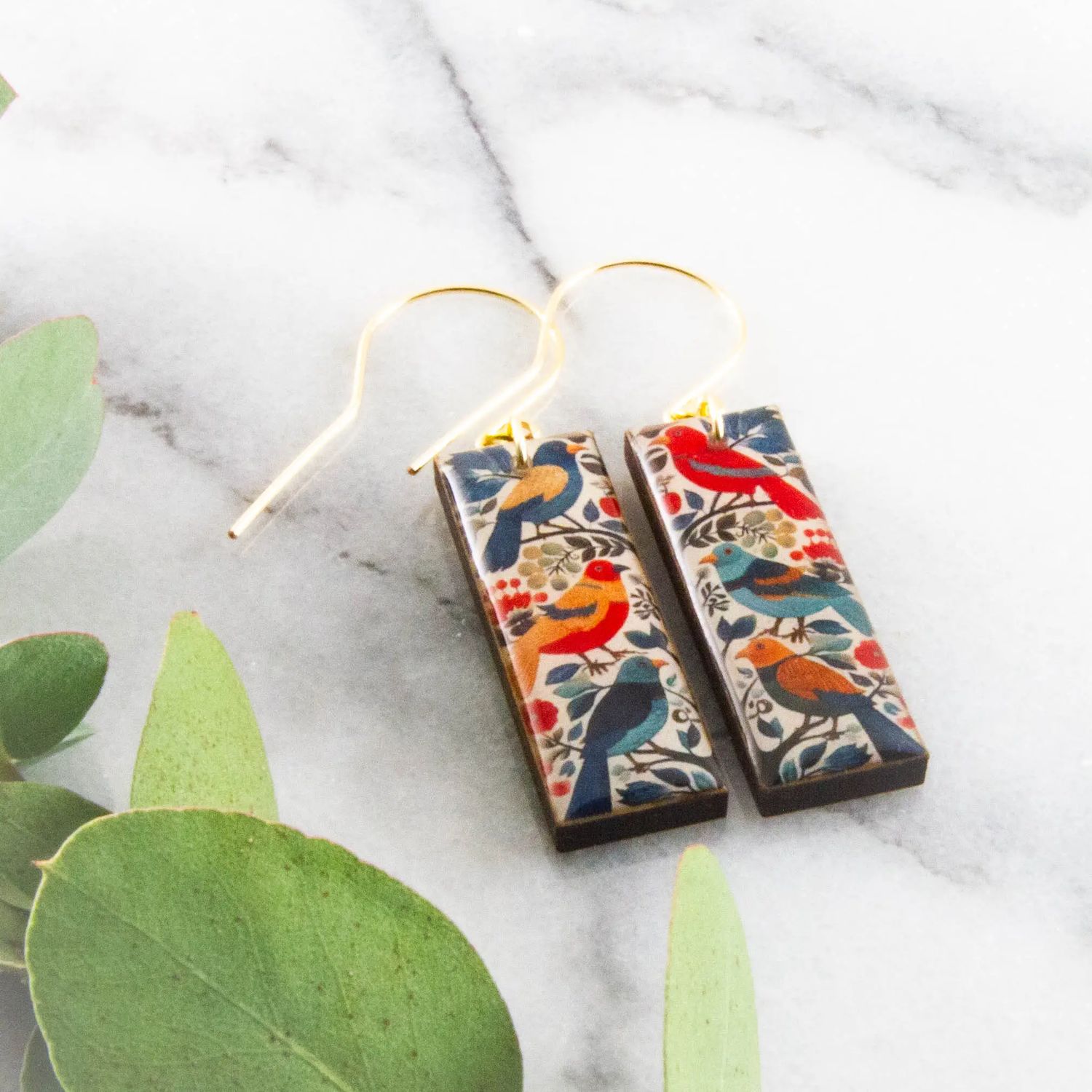 Scandi Autumn Birds Rectangle Earrings, Color: Gold