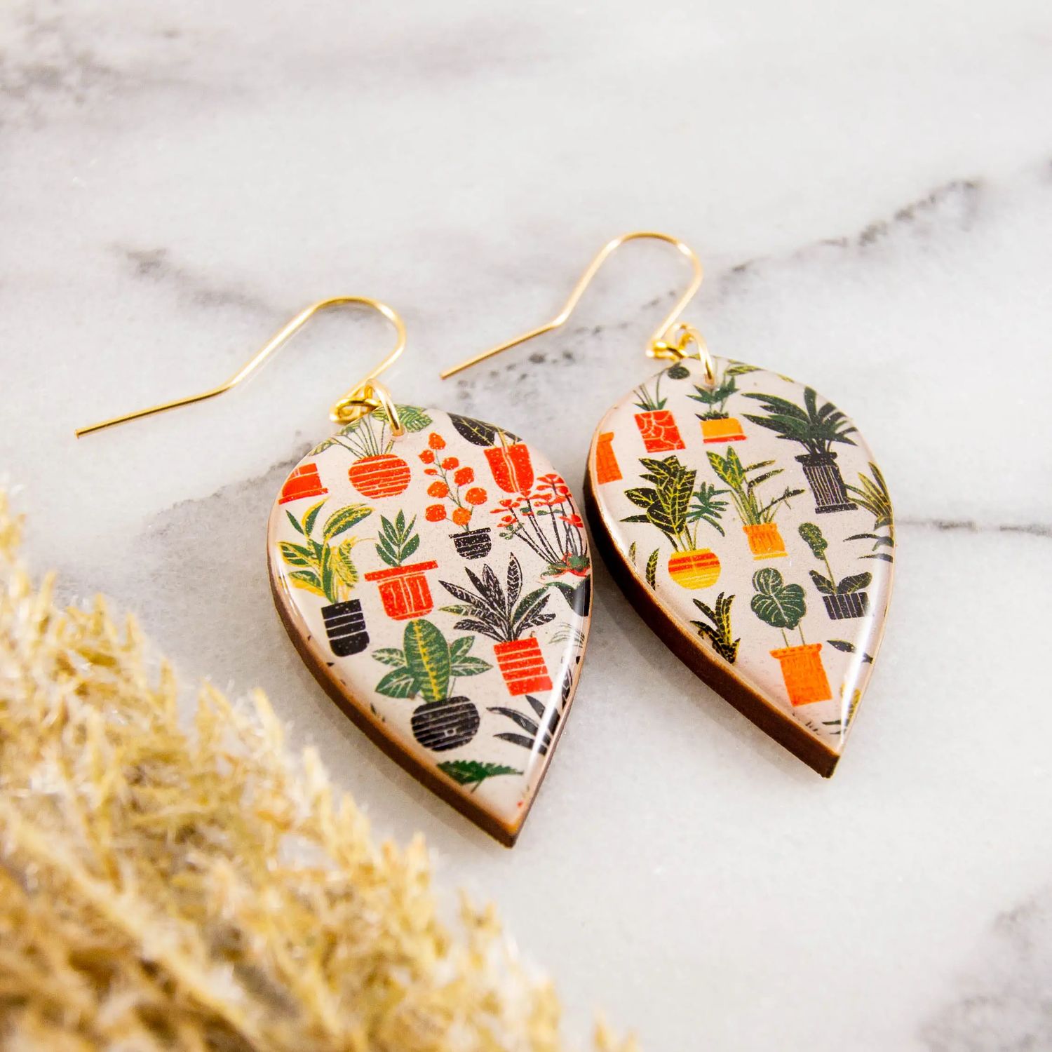 Retro Houseplant Large Leaf Earrings, Color: Gold