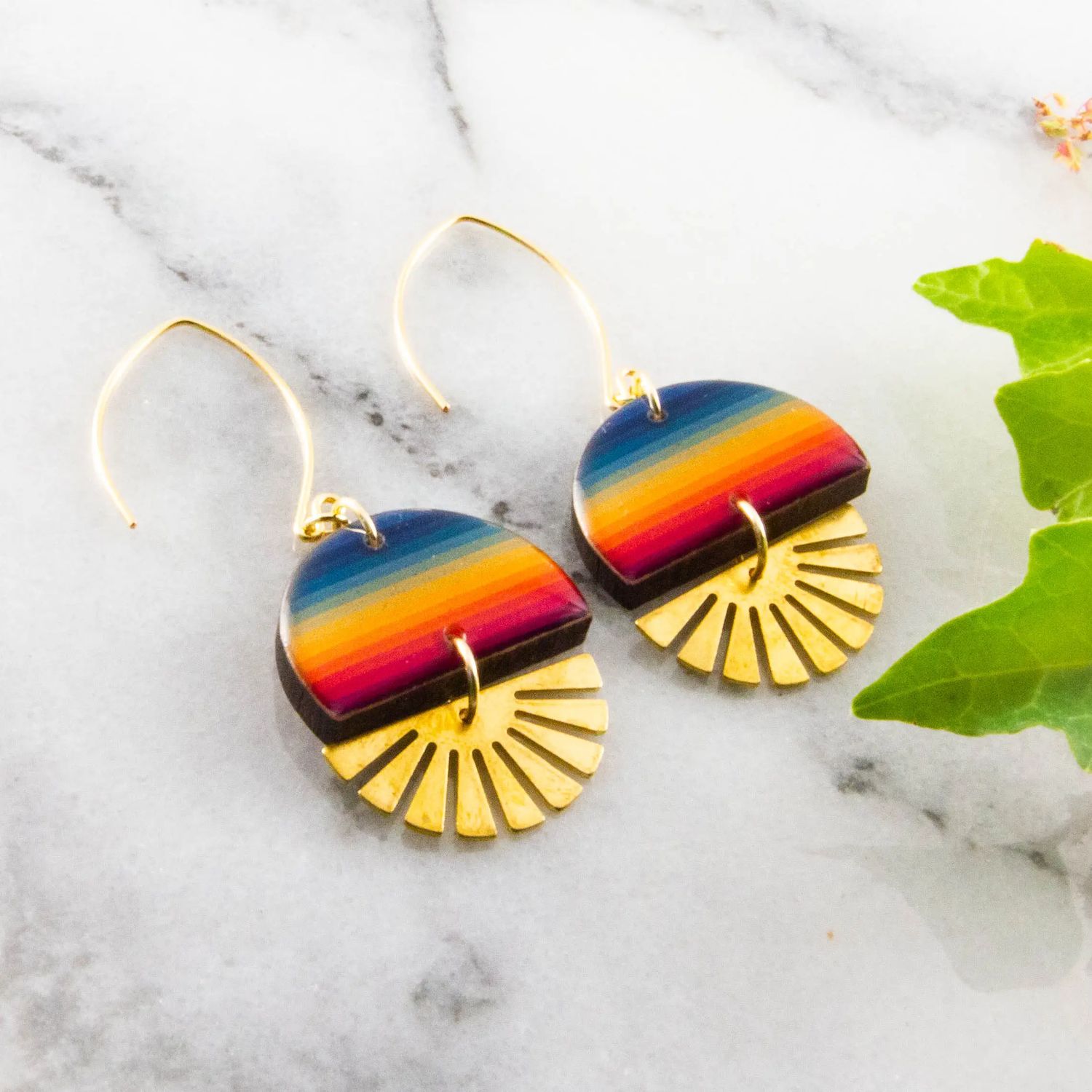 Rainbow Stripe Stacked Sunburst Earrings, Color: Gold