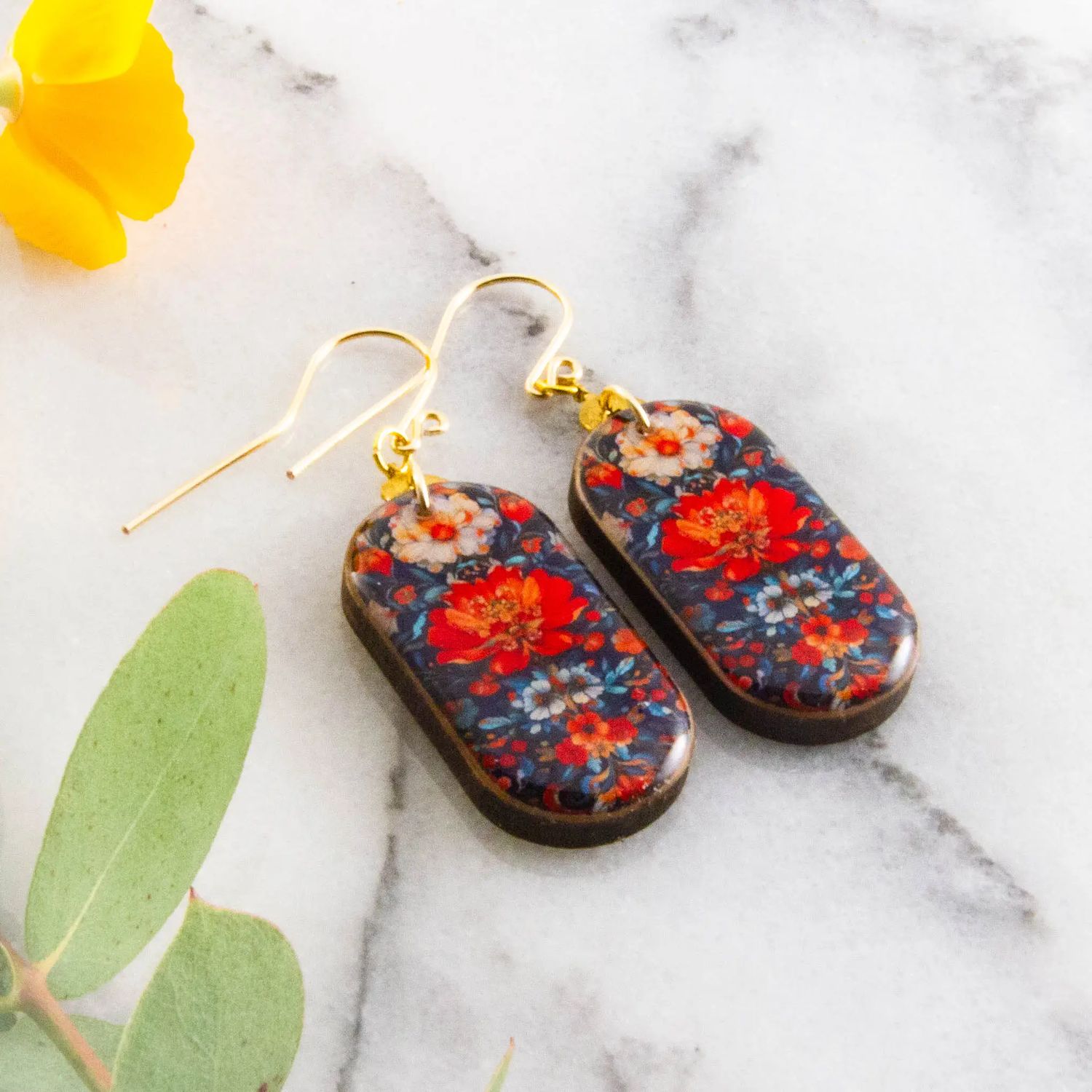 Navy + Red Floral Oblong Earrings, Color: Gold