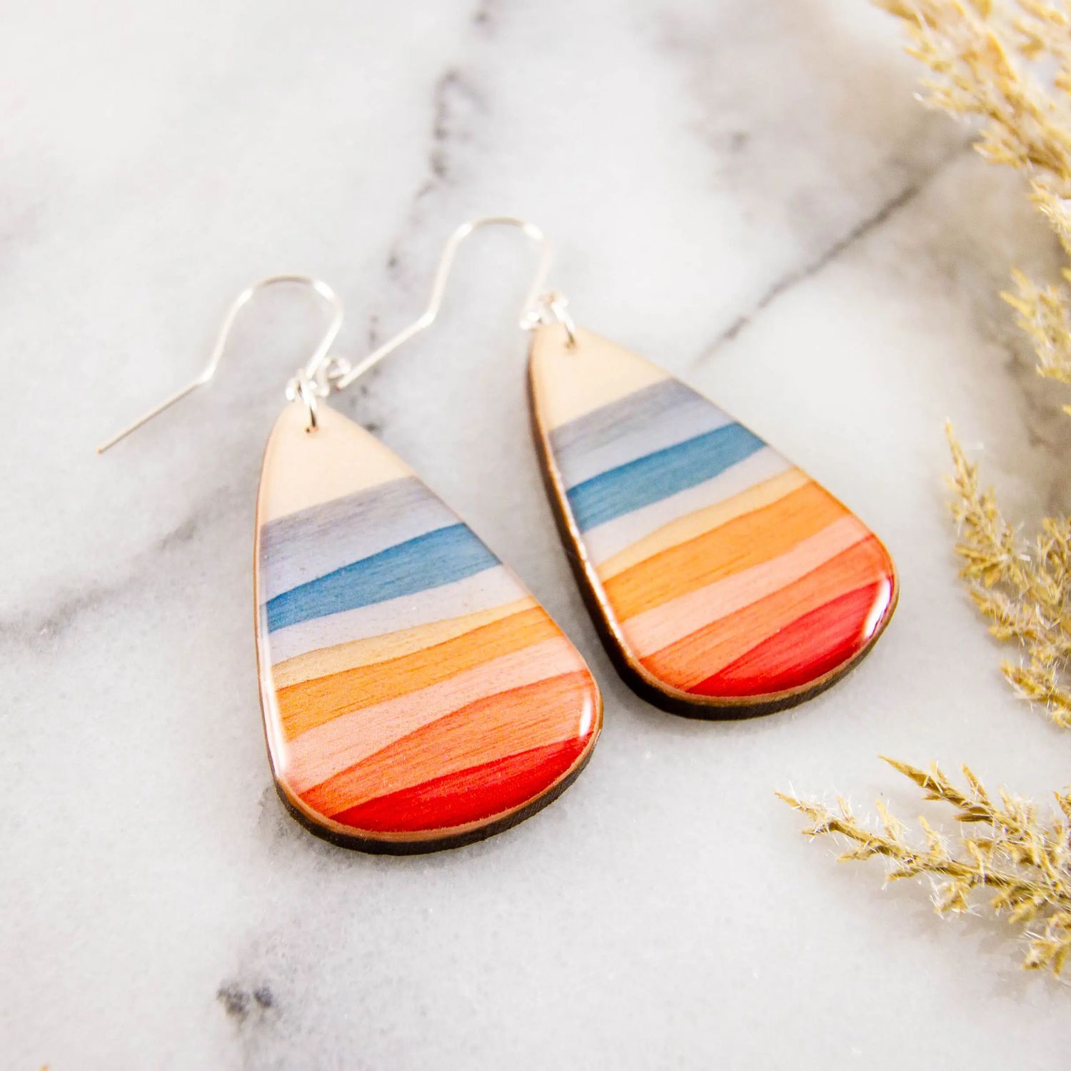 Modern Pastel Wave Stripe Oversize Teardrop Earrings, Color: Silver