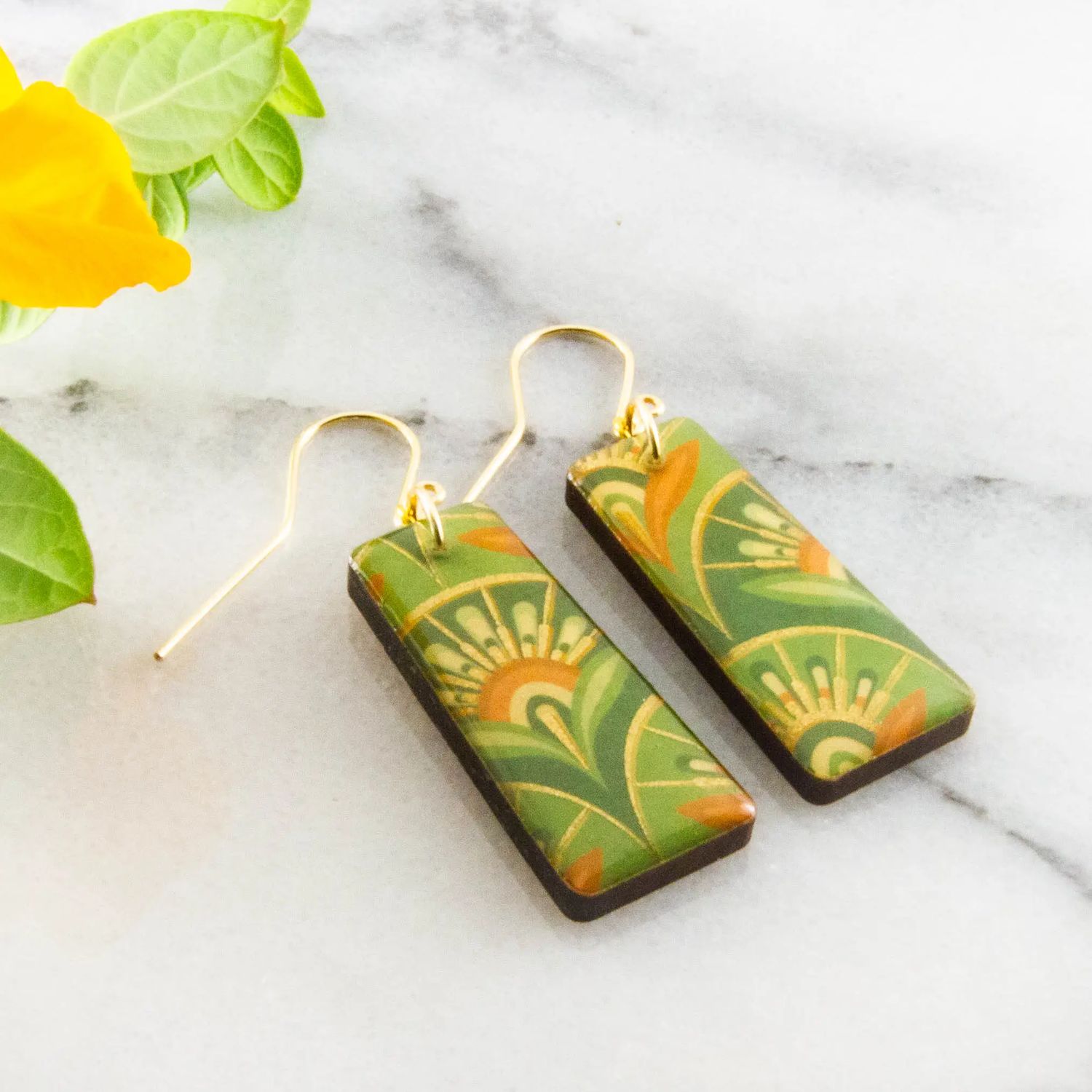 Green + Orange Art Deco Scallop Tapered Rectangle Earrings, Color: Gold