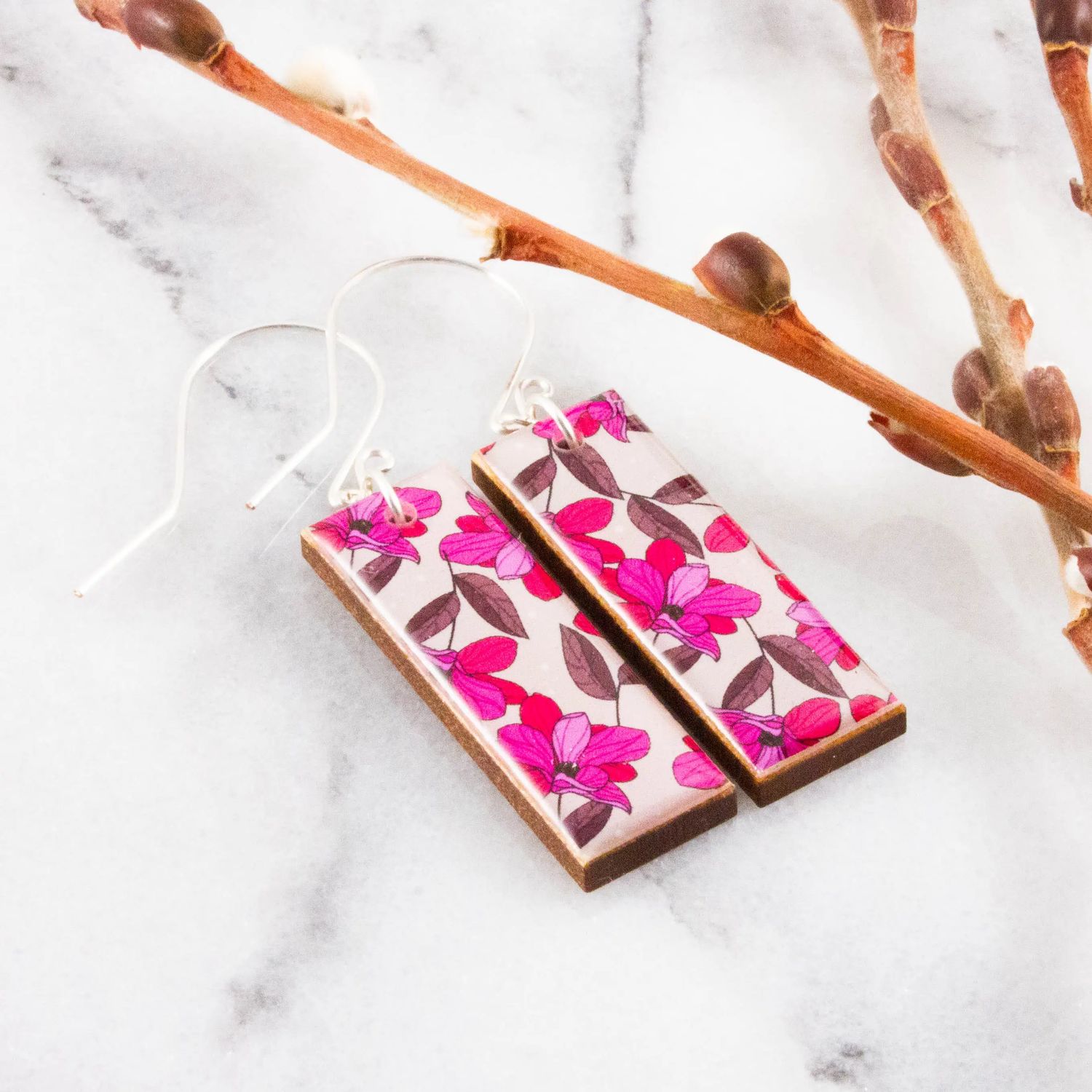 Magenta Pink Graphic Floral Rectangle Earrings, Color: Silver