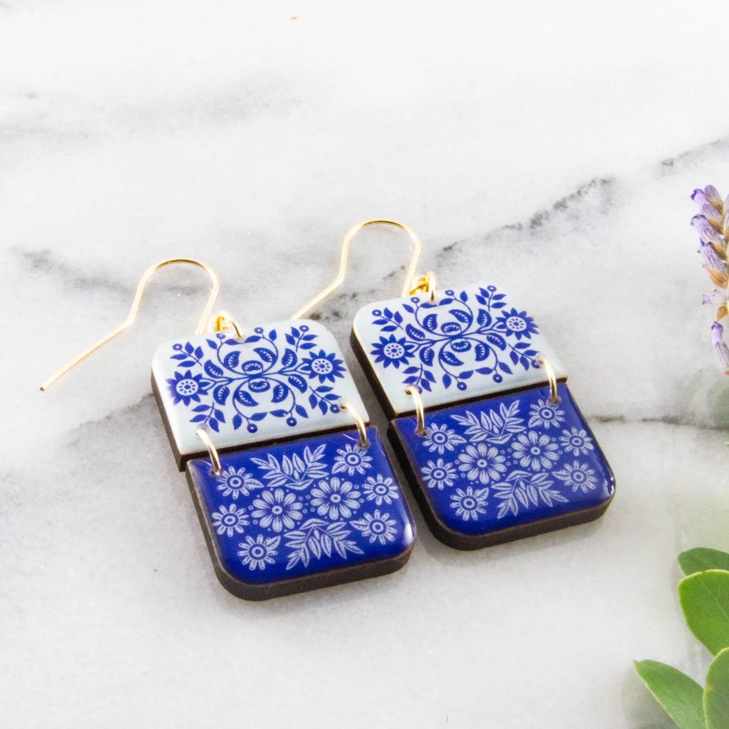 Blue Scandinavian Floral Half Rectangle Stack Earrings, Color: Gold