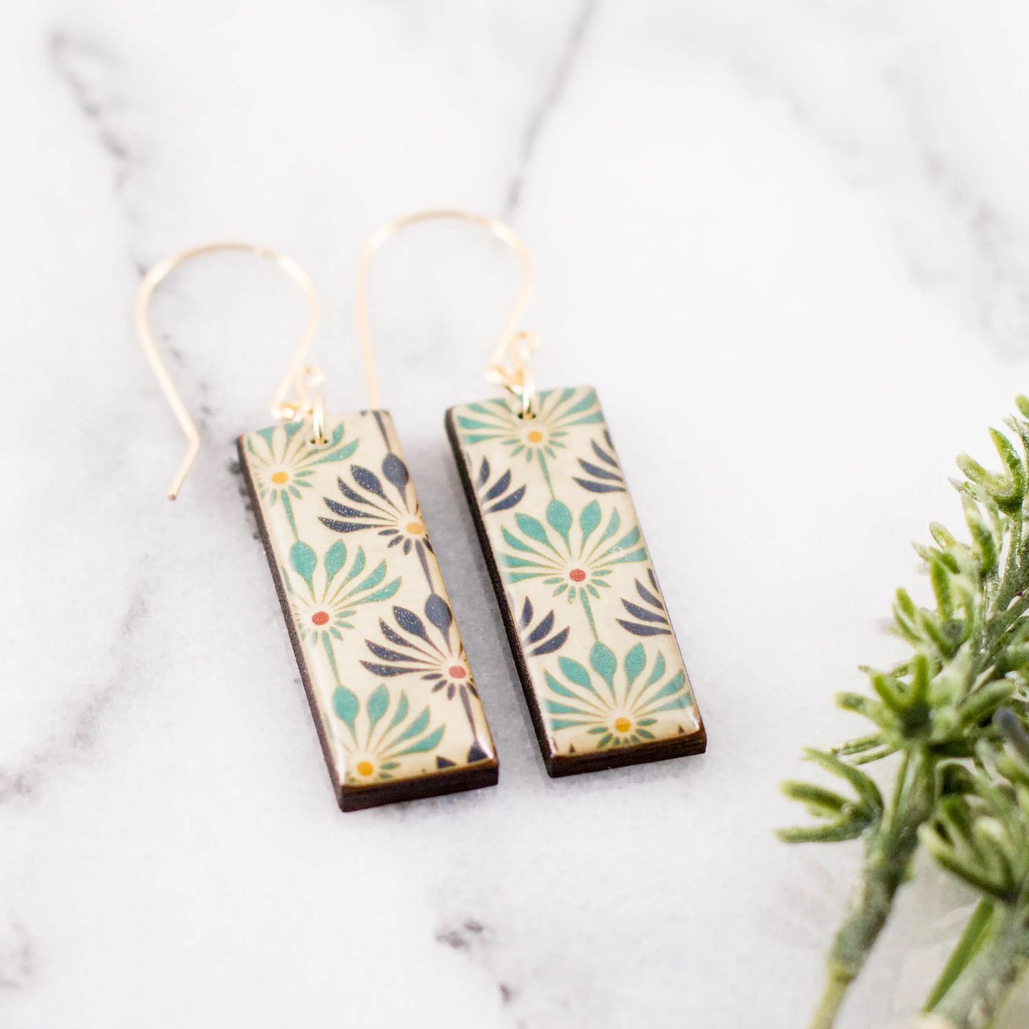 Blue + Turquoise Italian Floral Rectangle Earrings, Color: Gold