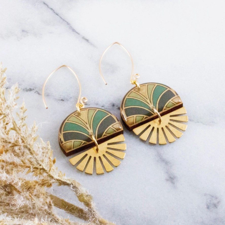 Art Deco Stacked Sunburst Earrings, Color: Gold