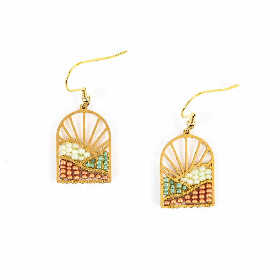 Sunrise Brass and Bead Earrings, Color: Seafoam Sand