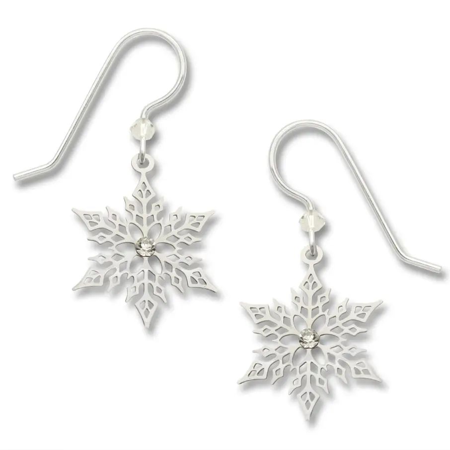 Xmas Large Filigree Snowflake w/Rhinestones Earring, Color: Silver