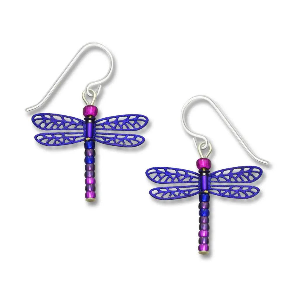 Purple Beaded-Tail Dragonfly Earrings, Color: Silver