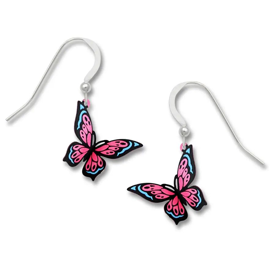 Pink, Blue, Black Butterfly Earrings, Color: Silver