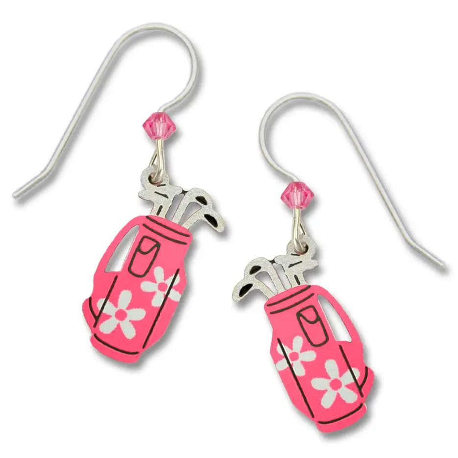 Pink Daisy Golf Bag Earrings, Color: Silver