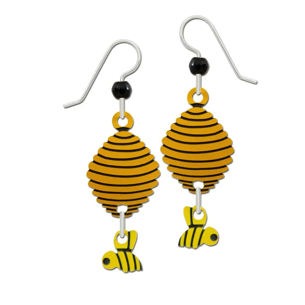 Hive with Honey Bee Earrings, Color: Silver
