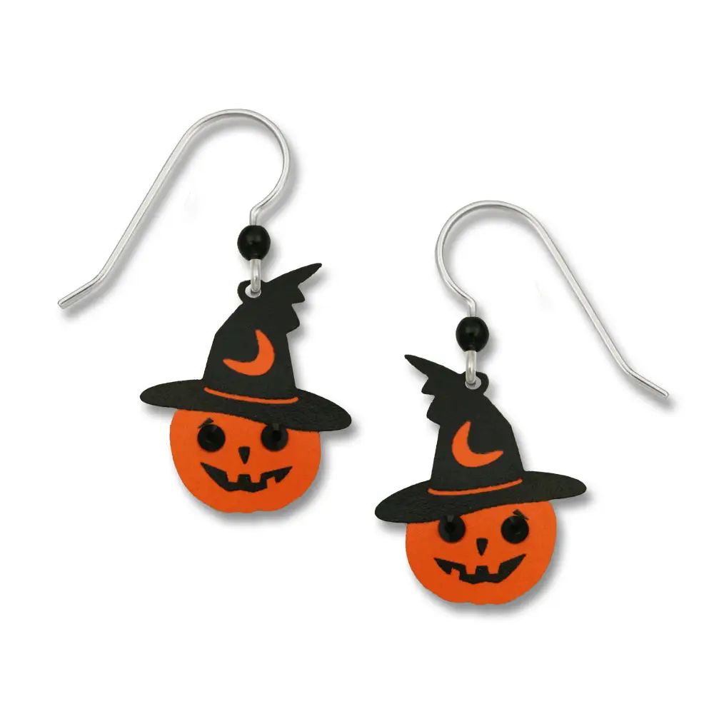 Halloween Pumkin w/Witch Hat Earrings, Color: Silver