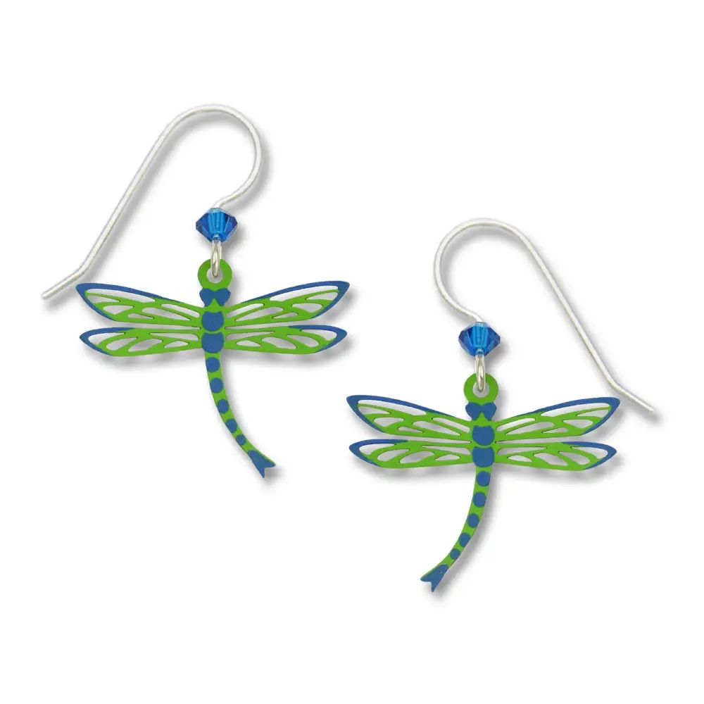 Green D&#39;fly w/Blue Wing Tips Earrings, Color: Silver