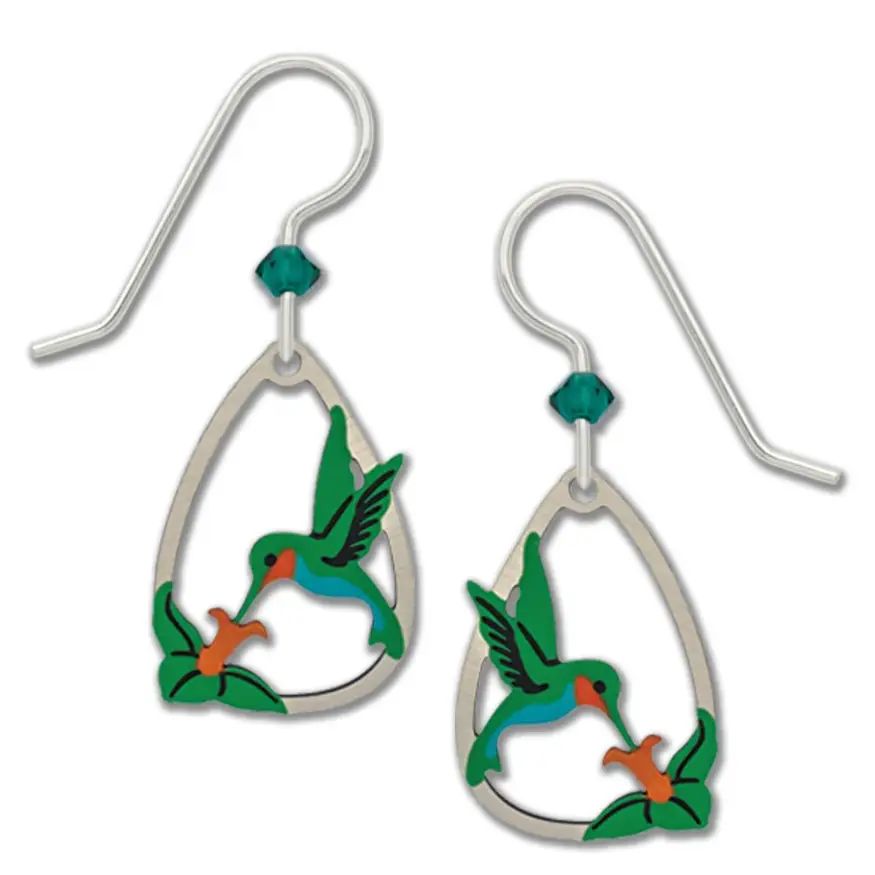 Fiery Hummingbird w/ Flower Earrings, Color: Silver