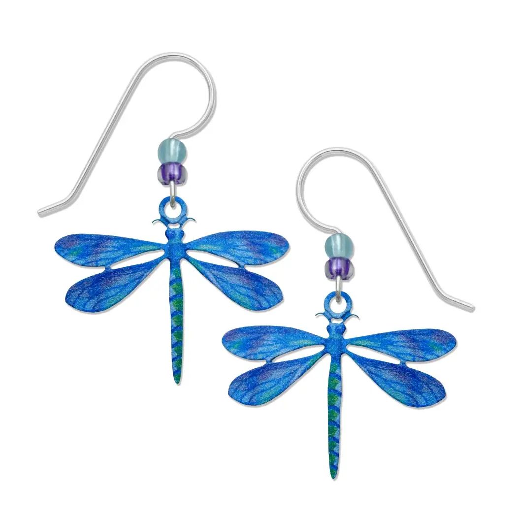 Dragonfly in Blues &amp; Greens Earrings, Color: Silver