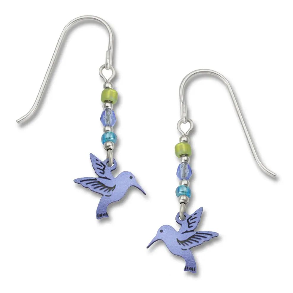 Blue Hummingbird Dangle Earrings, Color: Silver