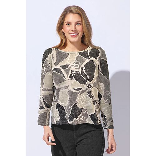 Decoupage Floral Stepped Hem Boxy Tee, Color: Fog, Size: XS
