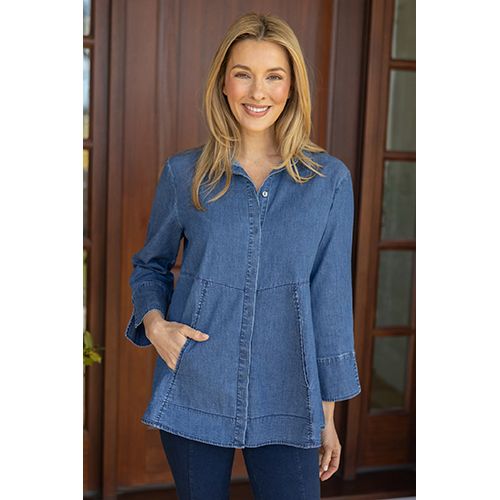 Perfect Travel Denim Hidden Placket Shirt, Color: Medium Denim, Size: XS