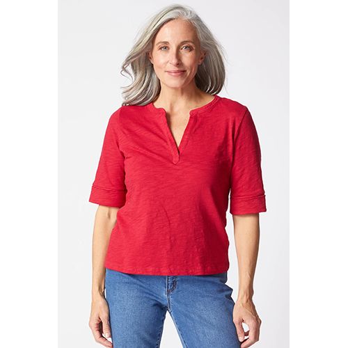 Cotton Pebble Split Neck Tee, Color: Ruby, Size: Small