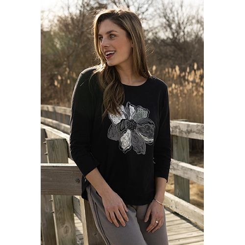 Destination Hi Lo Tee - Decoupage Flower, Color: Black, Size: XS