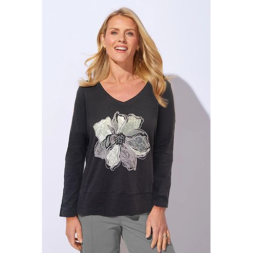 Destination Easy V Tee - Decoupage Flower, Color: Black, Size: Small