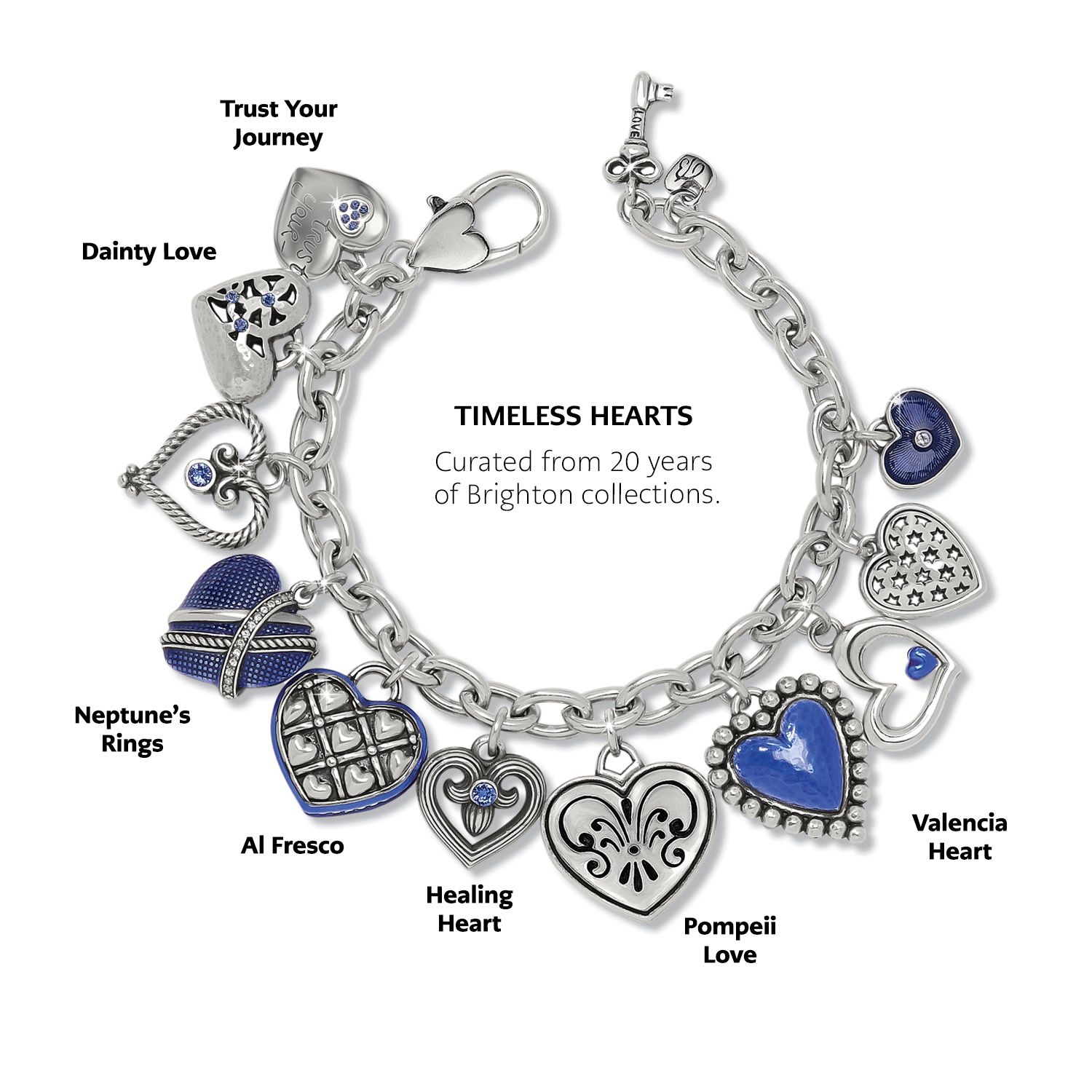 One Heart Link Charm Bracelet, Color: Silver/Blue