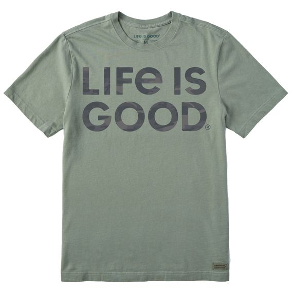 Life is Good Men's Lig Wordmark Stack Camo SS Tee, Color: Moss Green, Size: Small