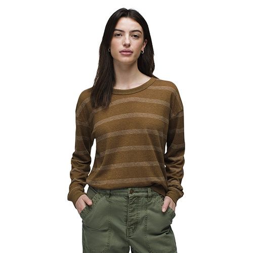 prAna Cozy Up LS Crew, Women's, Color: Sepia Stripe, Size: Small