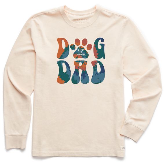 Life is Good Men's Groovy Tie Dye Dog Dad Long Sleeve Shirt, Color: Putty White, Size: XL
