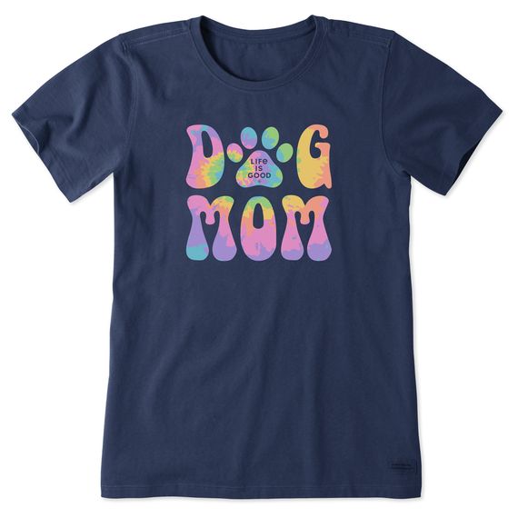 Life is Good Women's Groovy Tie Dye Dog Mom Crusher Tee Shirt, Color: Darkest Blue, Size: L