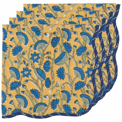 Fan Flower Block Print Napkins Set of 4, Now Designs Color: Ochre/Blue