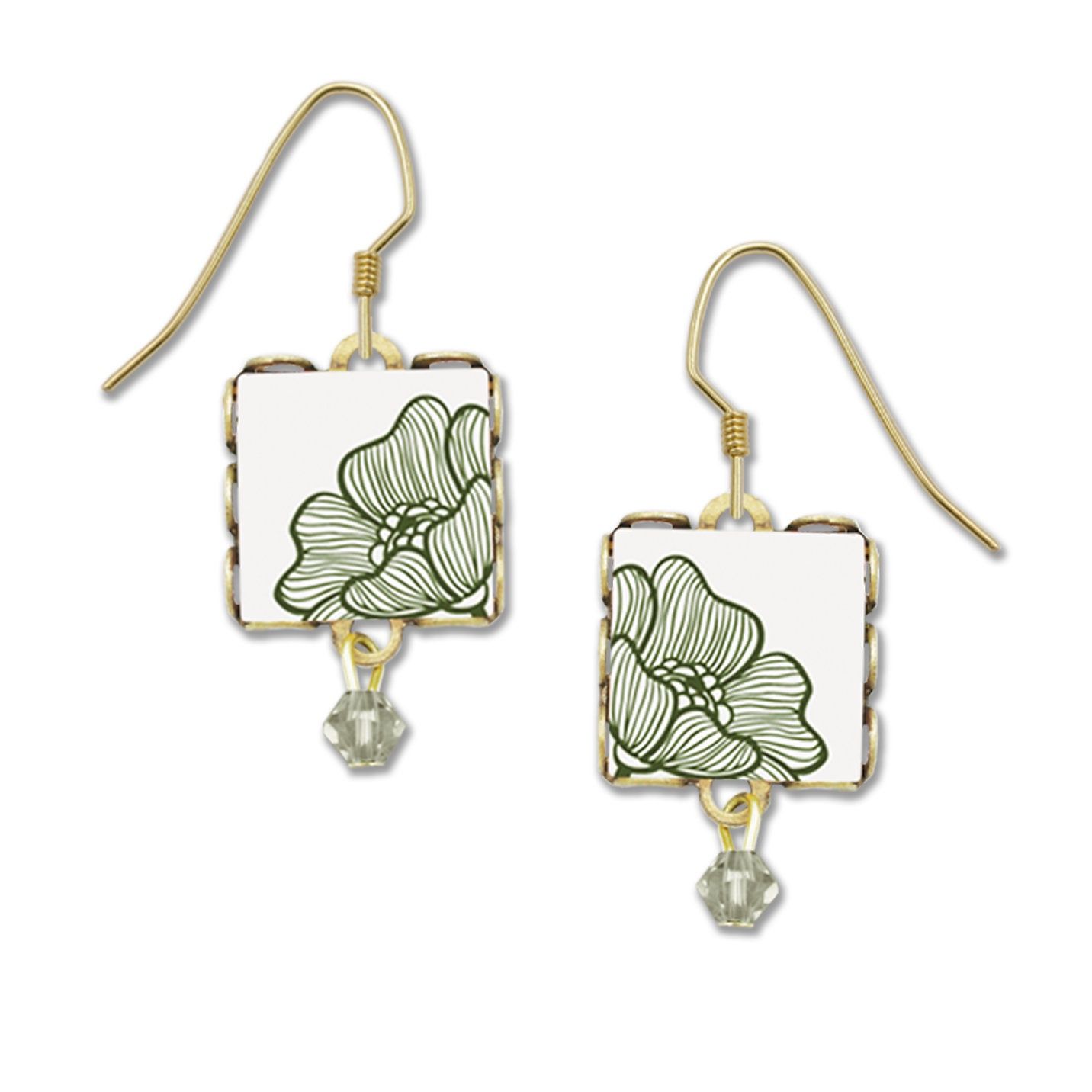 White/Gray Flower w/Crystal-LT Earrings, Color: Gold