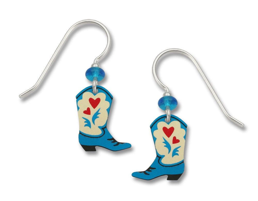Blue Cowgirl Boots w/Red Hearts Earrings, Color: Silver