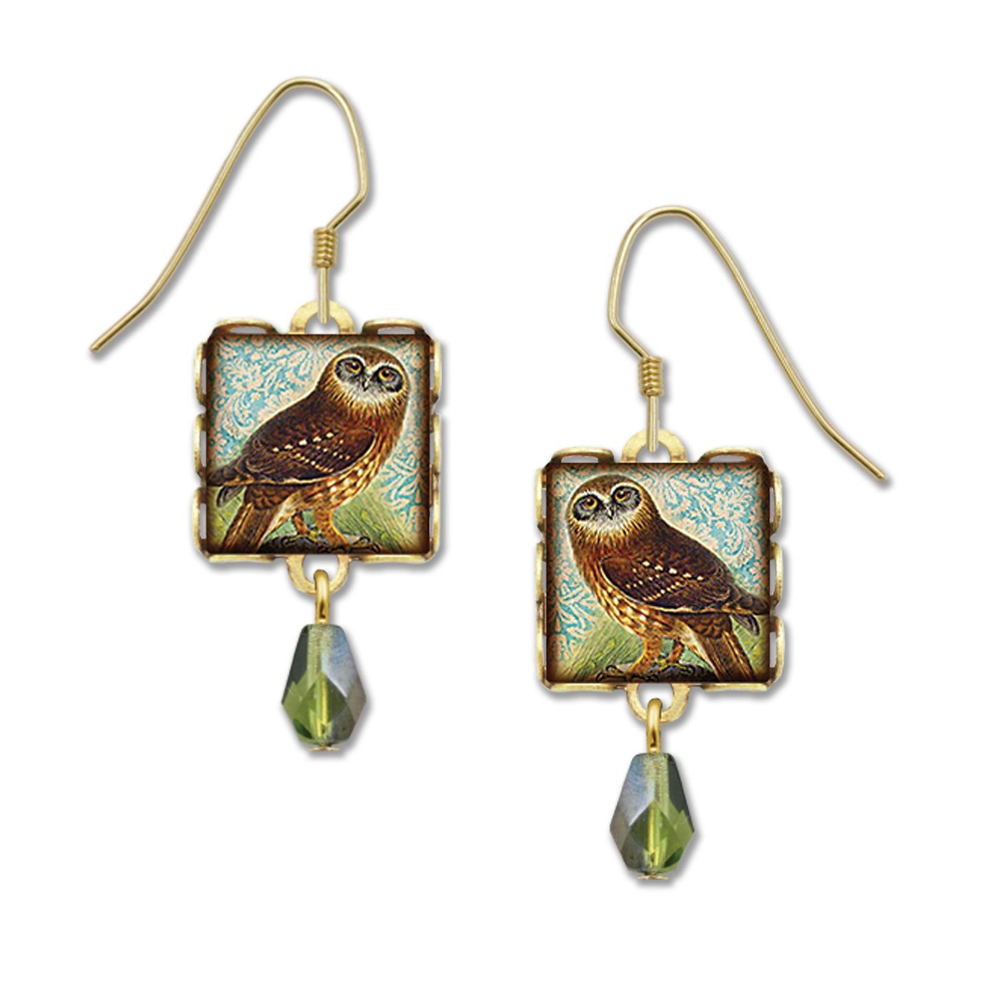 Owl w/Green Bead in Square Lace Setting-LT Earrings, Color: Gold